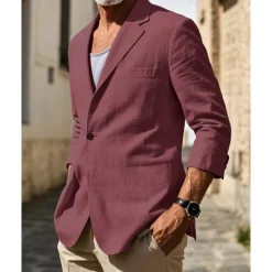 Sale OUKU Men's Linen Blazer Blazer Vacation Holiday Wedding Party Fashion Lightweight Spring & Fall Polyester Linen Plain Pocket Buttons Comfortable Single Breasted One-button Blazer Black Burgundy Dark Navy