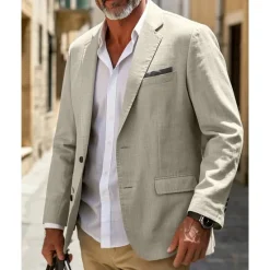 OUKU Men's Linen Blazer Blazer Business Cocktail Party Wedding Party Fashion Casual Spring & Fall Polyester Linen Plain Pocket Buttons Comfortable Single Breasted Blazer White khaki Beige