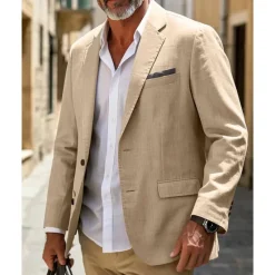 OUKU Men's Linen Blazer Blazer Business Cocktail Party Wedding Party Fashion Casual Spring & Fall Polyester Linen Plain Pocket Buttons Comfortable Single Breasted Blazer White khaki Beige