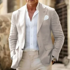 New OUKU Men's Linen Blazer Business Fashion Casual Spring & Fall Polyester Linen Plain Pocket Buttons Comfortable Single Breasted Blazer White Light Green khaki