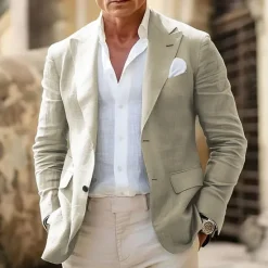 New OUKU Men's Linen Blazer Business Fashion Casual Spring & Fall Polyester Linen Plain Pocket Buttons Comfortable Single Breasted Blazer White Light Green khaki