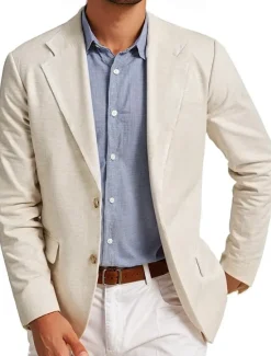 Discount OUKU Men's Linen Blazer Notch Collar Fashion Casual Solid Colored Blazer Standard Fit Single Breasted Two-buttons Beige