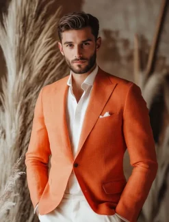 Clearance OUKU Men's Linen Blazer Sport Coat Notch Collar Fashion Casual Solid Colored Yellow Orange Beige Standard Fit Single Breasted One-button