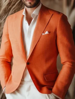Clearance OUKU Men's Linen Blazer Sport Coat Notch Collar Fashion Casual Solid Colored Yellow Orange Beige Standard Fit Single Breasted One-button
