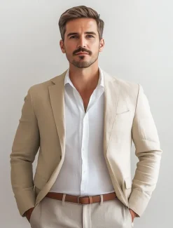 Best OUKU Men's Linen Blazer Sport Coat Notch Collar Fashion Casual Solid Colored Linen Blazer Sky Blue khaki Beige Standard Fit Single Breasted One-button