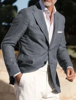 Best OUKU Men's Linen Blazer Sport Coat Notch Collar Fashion Casual Solid Colored Linen Blazer Dusty Blue Army Green Standard Fit Single Breasted Two-buttons