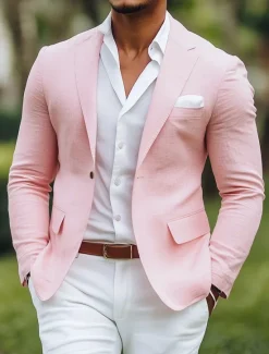 Hot OUKU Men's Linen Blazer Sport Coat Notch Collar Fashion Casual Solid Colored Blazer Yellow Pink Sky Blue Standard Fit Single Breasted One-button