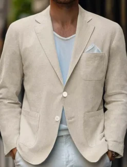 New OUKU Men's Linen Blazer Sport Coat Casual Daily Spring & Summer Cotton And Linen Solid Color Comfy Single Breasted Two-button Blazer Beige Light Blue