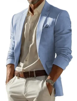 Online OUKU Men's Linen Blazer Sport Coat Notch Collar Fashion Casual Solid Colored Blazer Lake blue Sky Blue Dark Grey Standard Fit Single Breasted One-button