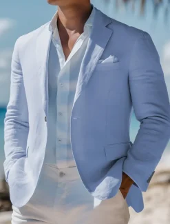 New OUKU Men's Linen Blazer Sport Coat Notch Collar Fashion Casual Solid Colored Blazer Lake blue Pink Sky Blue Standard Fit Single Breasted One-button