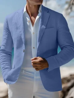 New OUKU Men's Linen Blazer Sport Coat Notch Collar Fashion Casual Solid Colored Blazer Lake blue Pink Sky Blue Standard Fit Single Breasted One-button