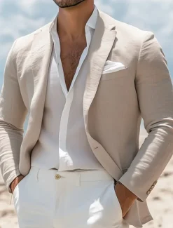 Clearance OUKU Men's Linen Blazer Sport Coat Notch Collar Fashion Casual Solid Colored Blazer khaki Beige Standard Fit Single Breasted One-button