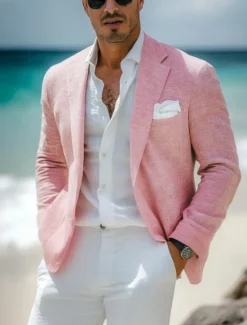 New OUKU Men's Linen Blazer Sport Coat Notch Collar Fashion Casual Solid Colored Linen Blazer Pink Sky Blue Sage Standard Fit Single Breasted One-button