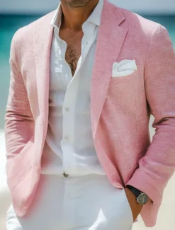 New OUKU Men's Linen Blazer Sport Coat Notch Collar Fashion Casual Solid Colored Linen Blazer Pink Sky Blue Sage Standard Fit Single Breasted One-button
