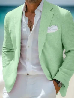 New OUKU Men's Linen Blazer Sport Coat Notch Collar Fashion Casual Solid Colored Linen Blazer Pink Sky Blue Sage Standard Fit Single Breasted One-button