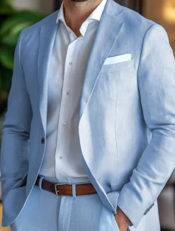 Clearance OUKU Men's Linen Blazer Sport Coat Notch Collar Fashion Casual Solid Colored Blazer Standard Fit Single Breasted One-button Sky Blue