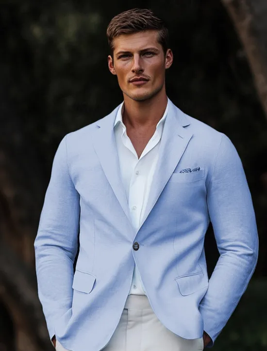 Online OUKU Men's Linen Blazer Sport Coat Wedding Guest Casual Daily Fashion All Seasons Linen Cotton Blend Solid Colored Basic Single Breasted Blazer Sky Blue Light Grey