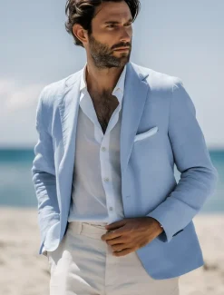New OUKU Men's Linen Blazer Sport Coat Notch Collar Fashion Casual Solid Colored Linen Blazer Standard Fit Single Breasted One-button Sky Blue