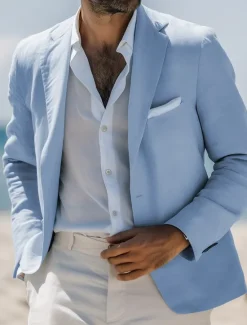 New OUKU Men's Linen Blazer Sport Coat Notch Collar Fashion Casual Solid Colored Linen Blazer Standard Fit Single Breasted One-button Sky Blue