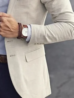 Discount OUKU Men's Linen Blazer Sport Coat Notch Collar Fashion Casual Solid Colored Tailored Fit Single Breasted One-button Beige