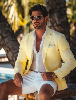 New OUKU Men's Linen Blazer Sport Coat Summer Fashion Casual Solid Colored Blazer Yellow Standard Fit Single Breasted One-button