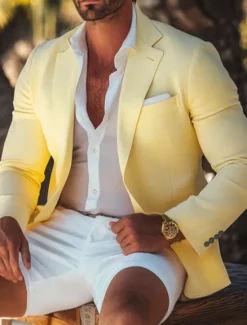 New OUKU Men's Linen Blazer Sport Coat Summer Fashion Casual Solid Colored Blazer Yellow Standard Fit Single Breasted One-button
