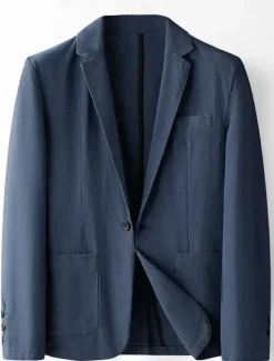 Sale OUKU Men's Linen Blazer Suits Wedding Anniversary Vacation Elegant Neutral Spring & Fall Cotton Linen Solid Color Buttons Comfy Single Breasted One-button Blazer Black Dark Red Navy Blue Green