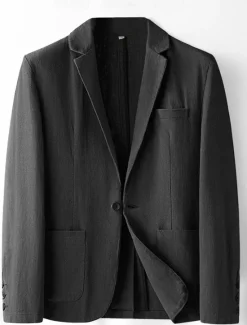 Sale OUKU Men's Linen Blazer Suits Wedding Anniversary Vacation Elegant Neutral Spring & Fall Cotton Linen Solid Color Buttons Comfy Single Breasted One-button Blazer Black Dark Red Navy Blue Green