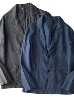 Hot OUKU Men's Linen Blazer Suits Wedding Anniversary Vacation Elegant Neutral Spring & Fall Cotton Linen Solid Color Buttons Comfy Single Breasted Two-button Blazer Dark Gray Navy Blue