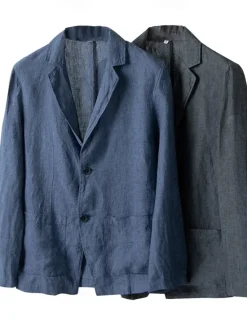Hot OUKU Men's Linen Blazer Suits Wedding Anniversary Vacation Elegant Neutral Spring & Fall Cotton Linen Solid Color Buttons Comfy Single Breasted Two-button Blazer Dark Gray Navy Blue