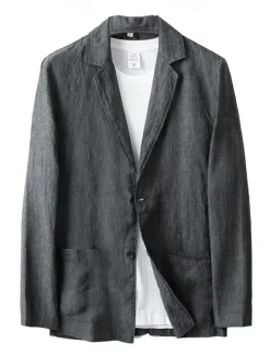 Hot OUKU Men's Linen Blazer Suits Wedding Anniversary Vacation Elegant Neutral Spring & Fall Cotton Linen Solid Color Buttons Comfy Single Breasted Two-button Blazer Dark Gray Navy Blue