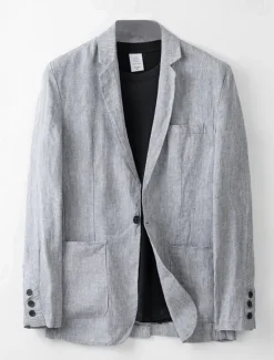 Online OUKU Men's Linen Blazer Suits Wedding Anniversary Vacation Elegant Neutral Spring & Fall Cotton Linen Solid Color Buttons Comfy Single Breasted One-button Blazer White Navy Blue Beige Gray