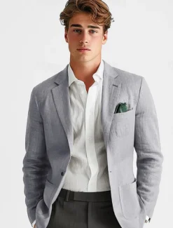 Online OUKU Men's Linen Blazer Suits Wedding Anniversary Vacation Elegant Neutral Spring & Fall Cotton Linen Solid Color Buttons Comfy Single Breasted One-button Blazer White Navy Blue Beige Gray