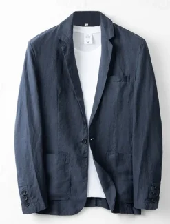 Online OUKU Men's Linen Blazer Suits Wedding Anniversary Vacation Elegant Neutral Spring & Fall Cotton Linen Solid Color Buttons Comfy Single Breasted One-button Blazer White Navy Blue Beige Gray