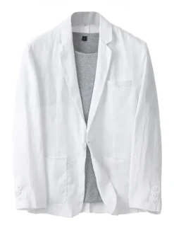 Online OUKU Men's Linen Blazer Suits Wedding Anniversary Vacation Elegant Neutral Spring & Fall Cotton Linen Solid Color Buttons Comfy Single Breasted One-button Blazer White Navy Blue Beige Gray