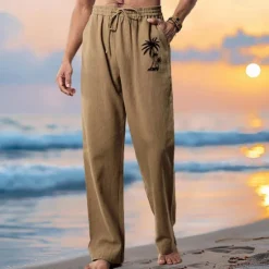 Clearance OUKU Men's Linen Pants 40% Linen Trousers Summer Pants Beach Pants Drawstring Elastic Waist Straight Leg Coconut Tree Breathable Full Length Vacation Beach Fashion Casual Blue Brown