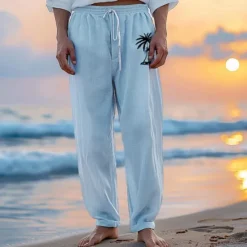 Clearance OUKU Men's Linen Pants 40% Linen Trousers Summer Pants Beach Pants Drawstring Elastic Waist Straight Leg Coconut Tree Breathable Full Length Vacation Beach Fashion Casual Blue Brown