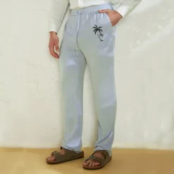Clearance OUKU Men's Linen Pants 40% Linen Trousers Summer Pants Beach Pants Drawstring Elastic Waist Straight Leg Coconut Tree Breathable Full Length Vacation Beach Fashion Casual Blue Brown