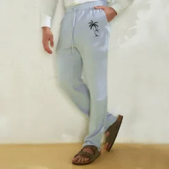 Clearance OUKU Men's Linen Pants 40% Linen Trousers Summer Pants Beach Pants Drawstring Elastic Waist Straight Leg Coconut Tree Breathable Full Length Vacation Beach Fashion Casual Blue Brown