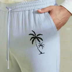 Clearance OUKU Men's Linen Pants 40% Linen Trousers Summer Pants Beach Pants Drawstring Elastic Waist Straight Leg Coconut Tree Breathable Full Length Vacation Beach Fashion Casual Blue Brown