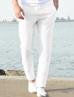 OUKU Men's Linen Pants Beach Pants Black White Blue M L XL