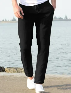 OUKU Men's Linen Pants Beach Pants Black White Blue M L XL
