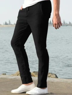 OUKU Men's Linen Pants Beach Pants Black White Blue M L XL
