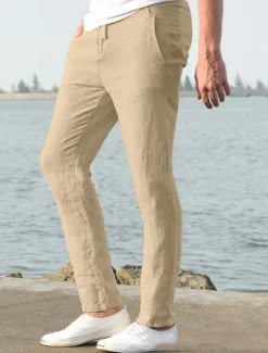 OUKU Men's Linen Pants Beach Pants Black White Blue M L XL