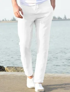 OUKU Men's Linen Pants Beach Pants Black White Blue M L XL