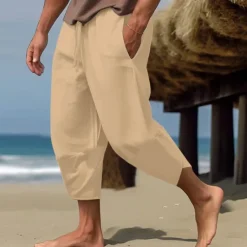 Hot OUKU Men's Linen Pants Capri Pants Pocket Drawstring Elastic Waist Plain Comfort Breathable Calf-Length Vacation Daily Holiday Hawaiian Boho ArmyGreen Black