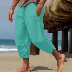 Hot OUKU Men's Linen Pants Capri Pants Pocket Drawstring Elastic Waist Plain Comfort Breathable Calf-Length Vacation Daily Holiday Hawaiian Boho ArmyGreen Black