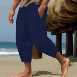 Hot OUKU Men's Linen Pants Capri Pants Pocket Drawstring Elastic Waist Plain Comfort Breathable Calf-Length Vacation Daily Holiday Hawaiian Boho ArmyGreen Black