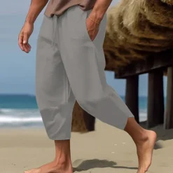 Hot OUKU Men's Linen Pants Capri Pants Pocket Drawstring Elastic Waist Plain Comfort Breathable Calf-Length Vacation Daily Holiday Hawaiian Boho ArmyGreen Black