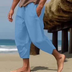 Hot OUKU Men's Linen Pants Capri Pants Pocket Drawstring Elastic Waist Plain Comfort Breathable Calf-Length Vacation Daily Holiday Hawaiian Boho ArmyGreen Black